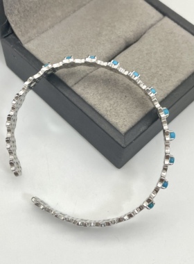 纯银镀铂金天然绿松石开口手镯孤品