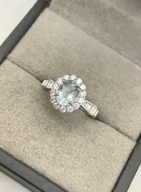 出口日本纯银镀铂金天然海蓝宝开口戒指孤品镶金品质1.76克拉