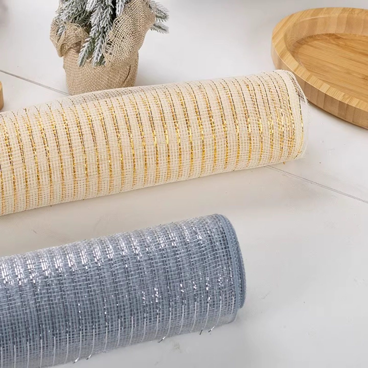 新款圣诞树装饰金色银色PP网纱丝带圣诞节装饰品挂件丝网串灯串绳,淘宝优惠券,粉丝福利购,淘宝优惠卷