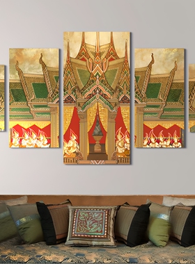 东南亚客厅餐厅装饰画泰式五联画