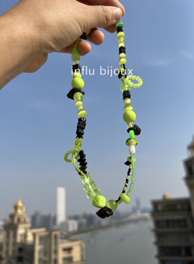 原创小众设计感手作tennis green网球绿黑色水晶原石小熊项链定制