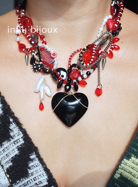 原创独立小众设计定制重工黑红爱心捷克琉璃项链手作异形淡水珍珠