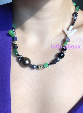 原创小众设计定制bv绿紫翡翠玉石黑色鱼尾巴洛克爪形珍珠项链男