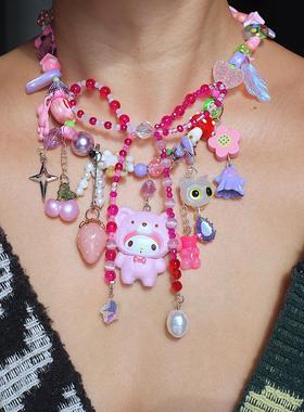 原创手工制作重工美乐蒂 sanrio红粉色蝴蝶结Y2K项链 独立设计