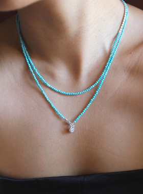 手作原矿无优化绿松石星砾迷你宝石串珠双层项链送礼s925纯银长款