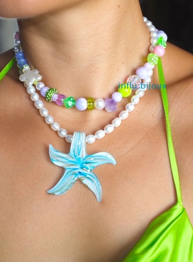 原创小众设计天然紫水晶原石柠檬荧光绿蝴蝶骰子Y2K叠戴珍珠项链