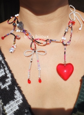 原创独立小众设计 黑红蝴蝶结琉璃爱心异形珍珠捷克琉璃choker