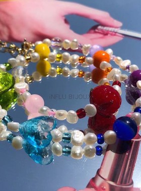 原创玉石彩虹色琉璃水果珍珠项链
