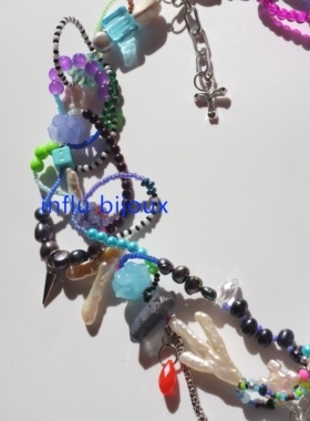 原创独立小众设计 重工蓝紫色无性别琉璃项链 黑色/异形淡水珍珠