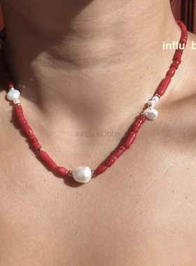Gemisland南法小众风情 红色珠珠夏日珍珠coral项链手链bamboo