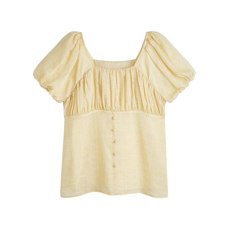 BingDaily苎麻方领小衫夏季法式高级感气质上衣宫廷风短袖衬衫女