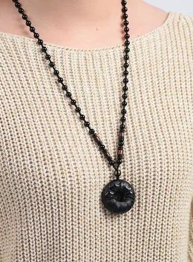 新款天然黑曜石十二生肖平安扣吊坠项链鼠牛虎兔龙蛇马羊猴鸡狗猪