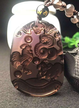 正品黑曜石生肖三合吊坠三和贵人牌项链猪兔羊猴鼠龙蛇鸡牛虎马狗