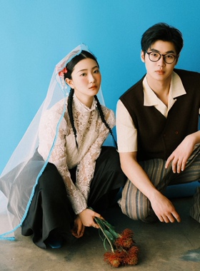 新娘结婚婚纱头纱蓝色花边领证求婚旅拍高级感头饰摄影拍照样片