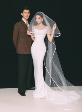 头纱新娘主婚纱长款白色简约包边头饰摄影拍照造型样片高级感头饰