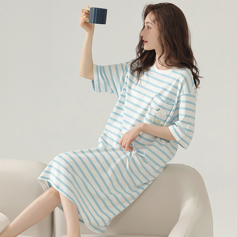 秋鹿条纹夏天圆领短袖纯棉连衣裙 秋鹿服饰睡裙