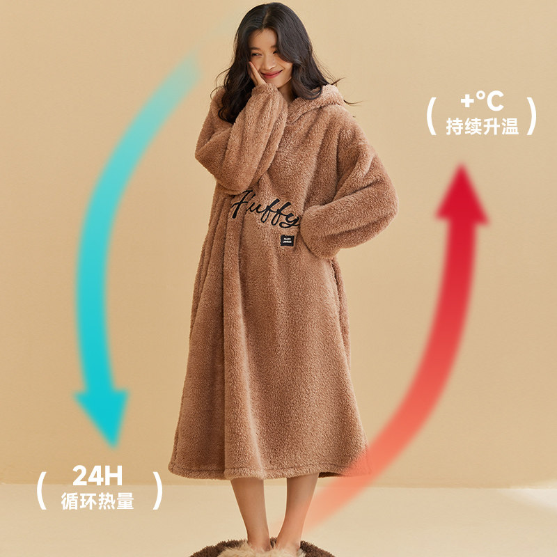 秋鹿【防静电】珊瑚绒睡衣女秋冬新款泡泡绒连帽长袖保暖睡袍,淘宝优惠券,粉丝福利购,淘宝优惠卷