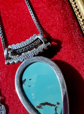 美国回流进口手工炸珠工艺蓝绿松石925纯银水滴吊坠项链中古首饰