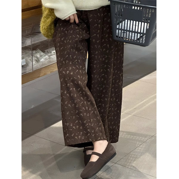 冬季美拉德棕色九分碎花裤子大码女胖mm显瘦休闲灯芯绒阔腿奶奶裤 - 图1