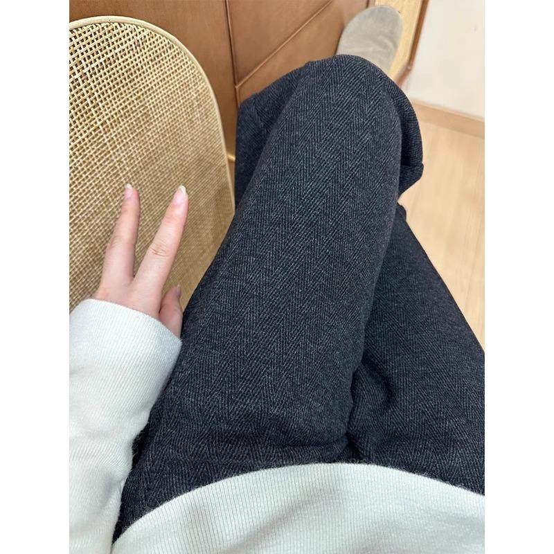 人字纹毛呢休闲裤女秋冬加绒加厚大码胖mm梨形身材垂感直筒阔腿裤,淘宝优惠券,粉丝福利购,淘宝优惠卷