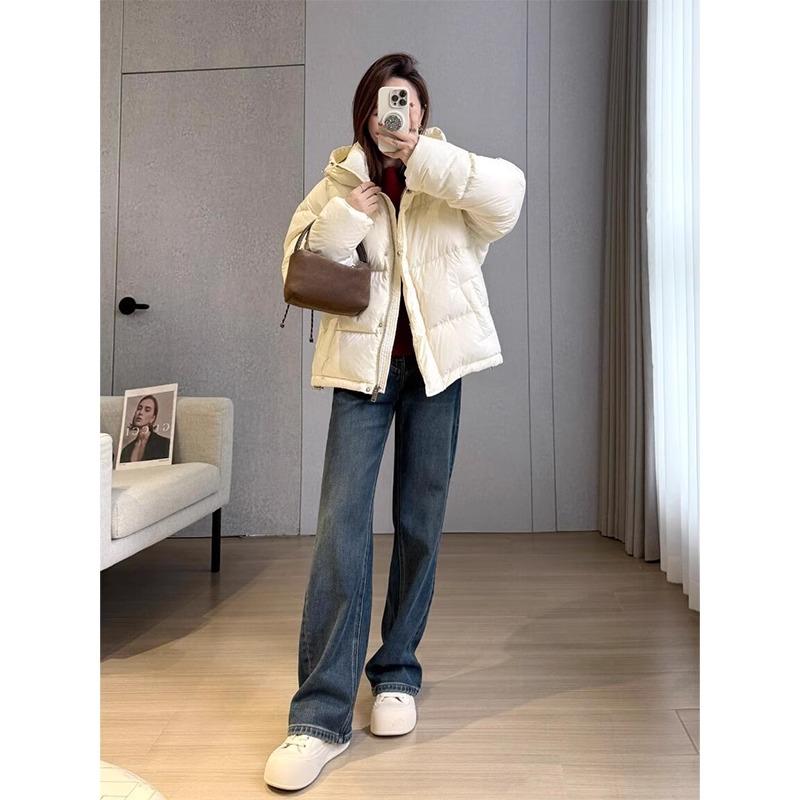 蓝灰色窄版直筒牛仔裤女秋冬新款加绒大码胖mm高腰宽松显瘦阔腿裤 - 图1