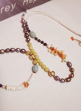 欧美外贸饰品 天然石珍珠贝壳 串珠咖色系颈链手链女套装