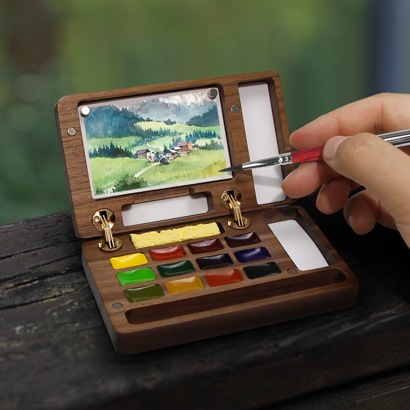 史明克迷你分装固体水彩颜料盒胡桃木12色月光宝盒随身便携8/15色,淘宝优惠券,粉丝福利购,淘宝优惠卷