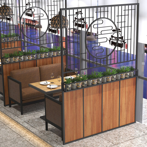 现代餐厅沙发卡座饭店隔断铁艺绿植围栏工业风包间屏风装饰墙定制 - 图1
