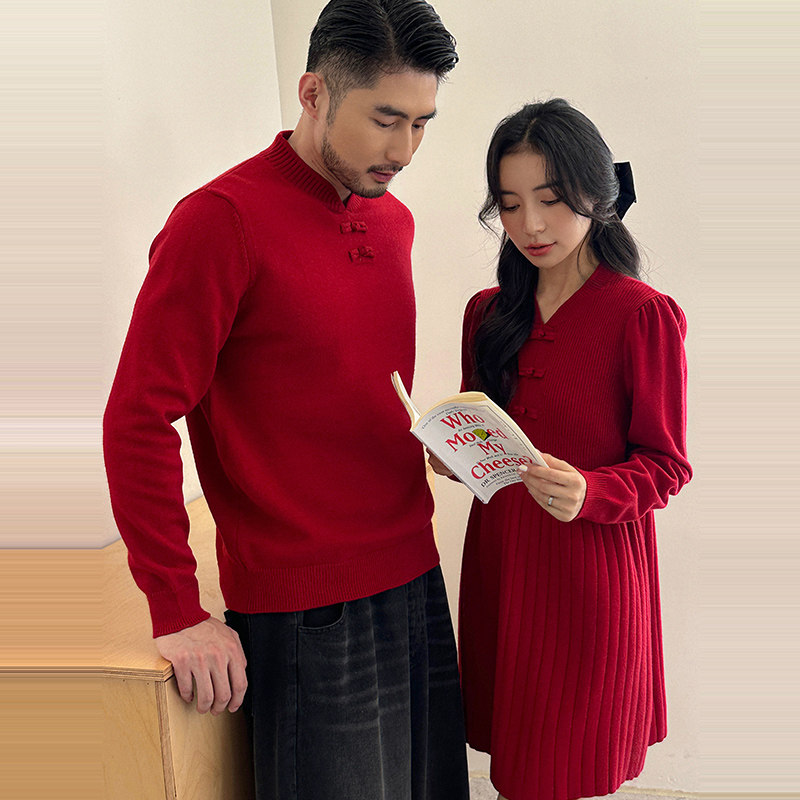 新中式中国风亲子装秋冬毛衣洋气红色母女连衣裙过年拜年服家庭装,淘宝优惠券,粉丝福利购,淘宝优惠卷