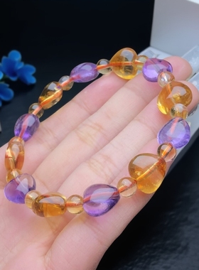 天然水晶手链黄水晶爱心单圈男女情侣款时尚心心相连手串饰品