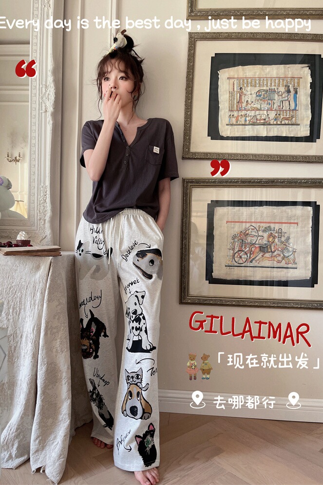 GillAimar原版小熊家正品春夏可爱酷狗狗T恤卫裤睡衣家居服套装女 - 图2