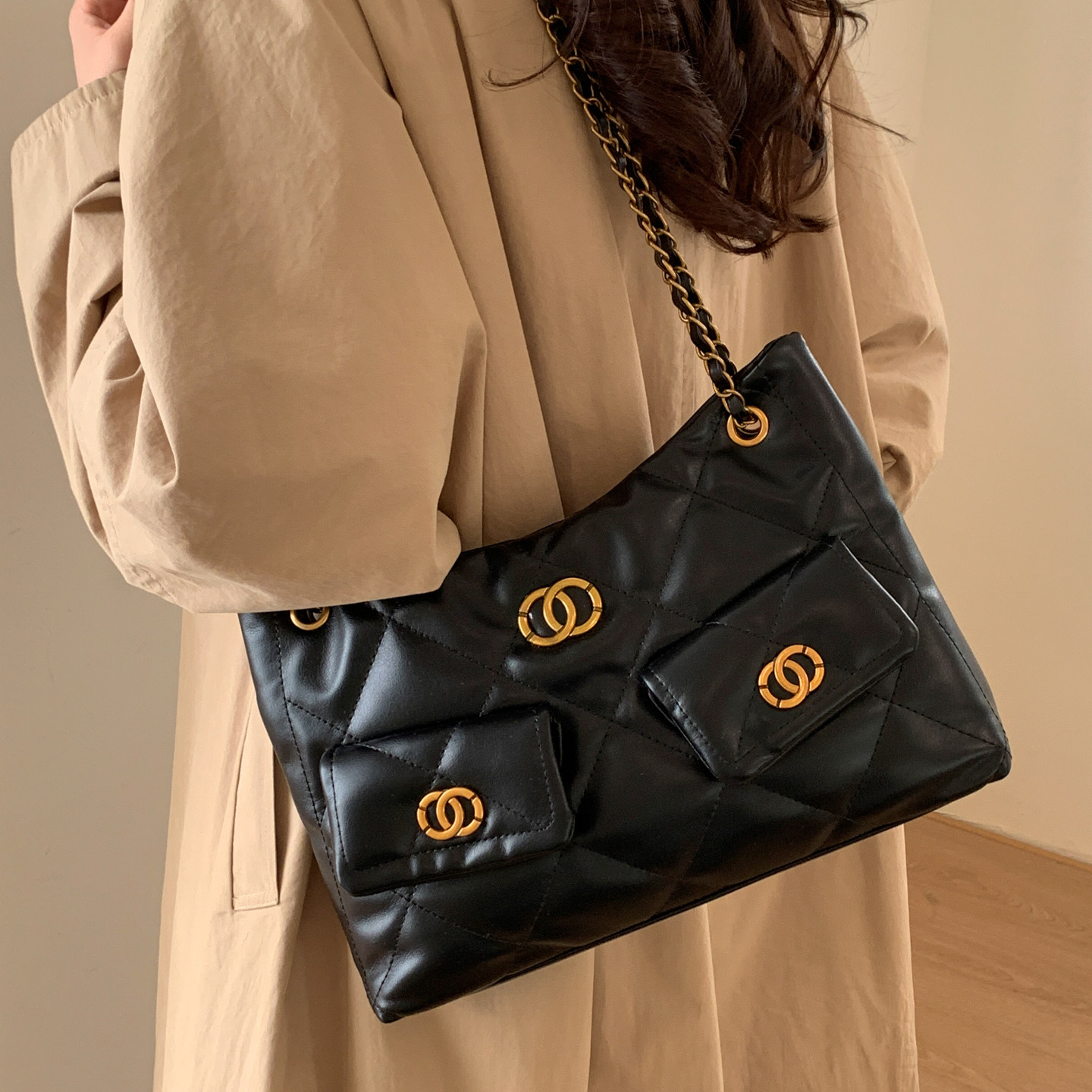 小香风菱格链条托特包女轻奢单肩腋下斜挎包大容量通勤复古hobo包,淘宝优惠券,粉丝福利购,淘宝优惠卷