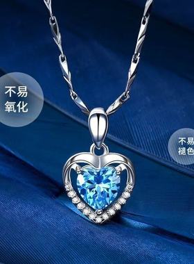 蓝色爱心吊坠项链女日韩风