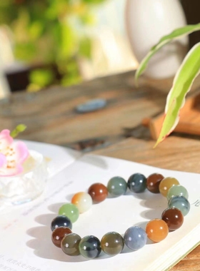 天然新疆和田玉楼兰三色手串老型珠男女款多彩手链单圈玉石