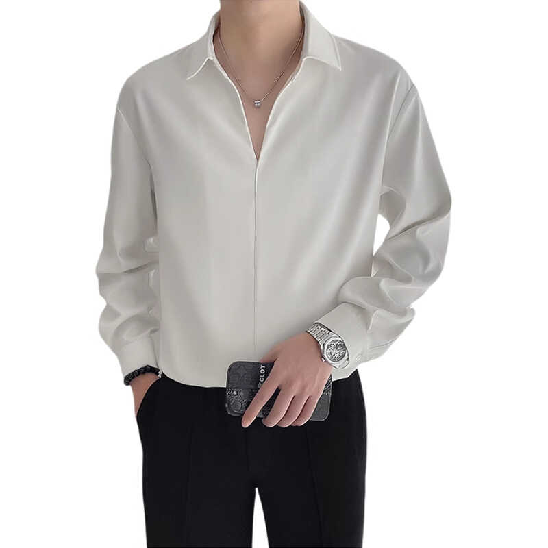 潮牌衬衫男长袖春秋季2024新款深V领高级感套头韩版潮流白色衬衣 - 图3