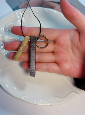 天然黑檀木长条几何皮绳项链国潮