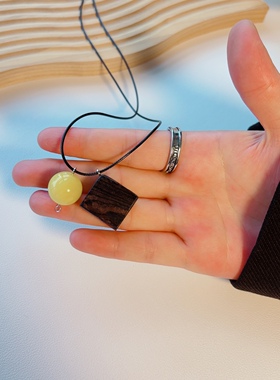 黑檀木蜜蜡珠皮绳长款项链女中式