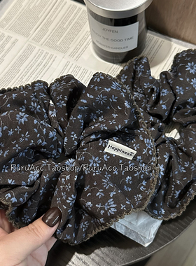 韩国高级咖蓝色碎花大肠发圈头绳