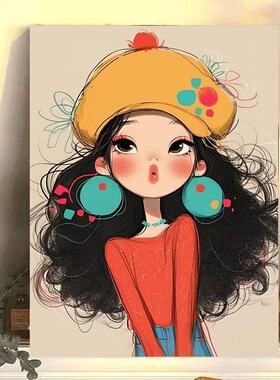 可爱女孩客厅装饰画斗柜桌面摆件画治愈系卡通儿童房卧室床头壁画