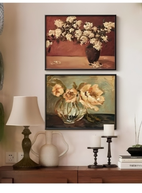 法式复古花卉客厅斗柜摆画装饰画小众艺术壁画中古风餐厅边柜挂画