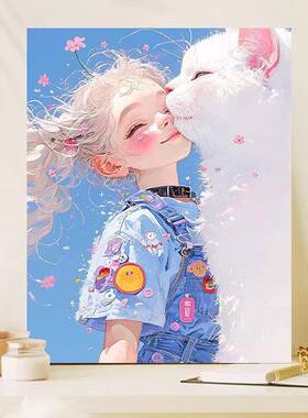 唯美装饰画女孩与猫治愈系可爱卡通现代简约卧室玄关画儿童房挂画