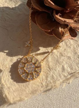 中古金色爆闪满钻八芒星罗盘项链女轻奢高级钛钢不掉色锁骨链饰品