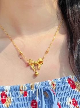 在逃公主项链女蝴蝶结气质网红超逼真黄金钛钢锁骨链