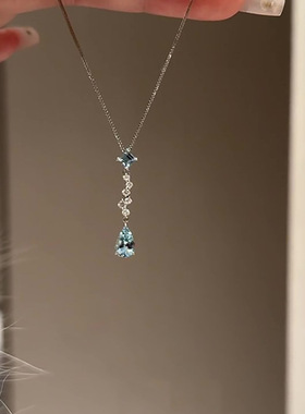 蓝色水滴流苏项链女清冷感精致时尚气质钛钢不掉色锁骨链饰品批发