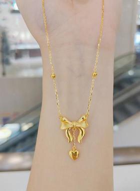 新款在逃公主蝴蝶结项链沙金吊坠爱心流苏一体套链锁骨链24K金潮