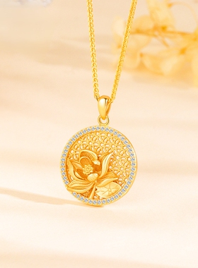 s925纯银荷花圆盘吊坠镂空莲花好运莲莲项链精致毛衣链古法颈链