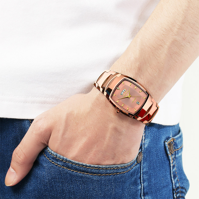 正品手表女款小防水方形钨钢双日历 潮流个性手表国产腕表