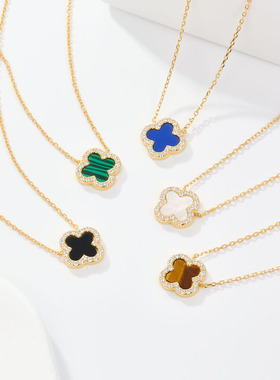 纯银绿色孔雀石四叶草项链女