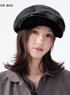 高品质麂绒皮拼接皮质贝雷帽女