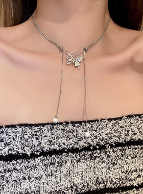 银色抽拉蝴蝶项链ins小众高级感甜酷轻奢双层锁骨链流苏合金拉绳